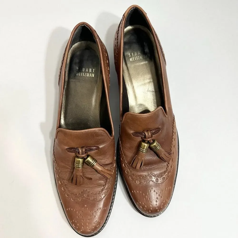 Stuart Weitzman Wingtip Leather Loafers Tassle Guything | Brown | SZ‎ 8.5